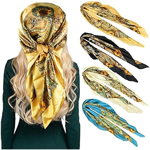 REFORUNG 4 Stück Bandana Kopftuch 90x90cm Große quadratische Fleckschals Frauen Seidig wie Kopftuch Bandanas Nickitücher Halstuch Mischfarben Haar Schal Headwear Headwrap für Damen Herren Cover