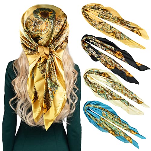 REFORUNG 4 Stück Bandana Kopftuch 90x90cm Große quadratische Fleckschals Frauen Seidig wie Kopftuch Bandanas Nickitücher Halstuch Mischfarben Haar Schal Headwear Headwrap für Damen Herren Cover