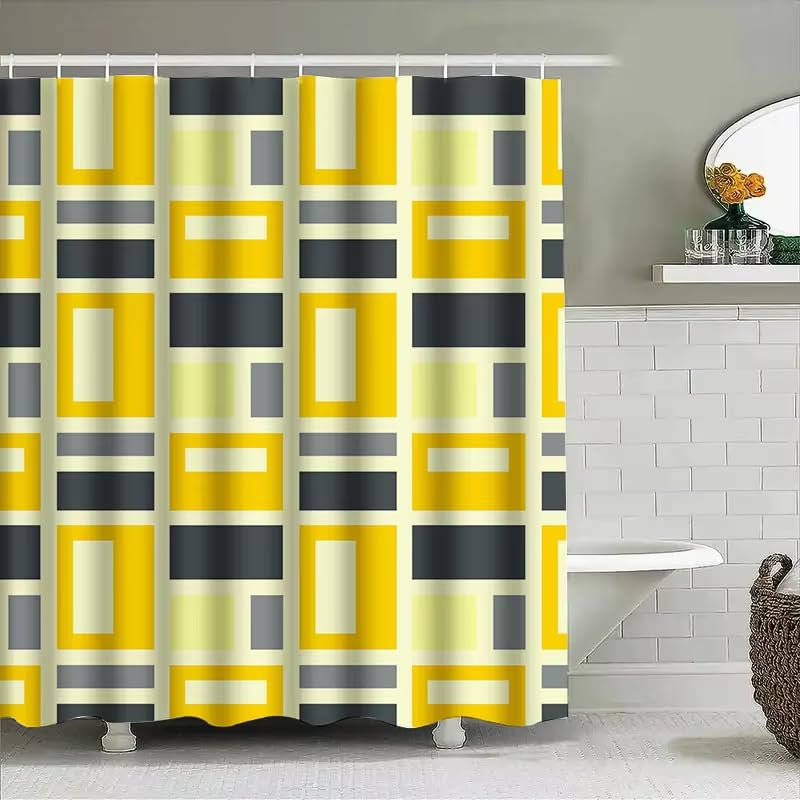 Rideau de douche imperméable avec crochets inclus rideau géométrique jaune gris