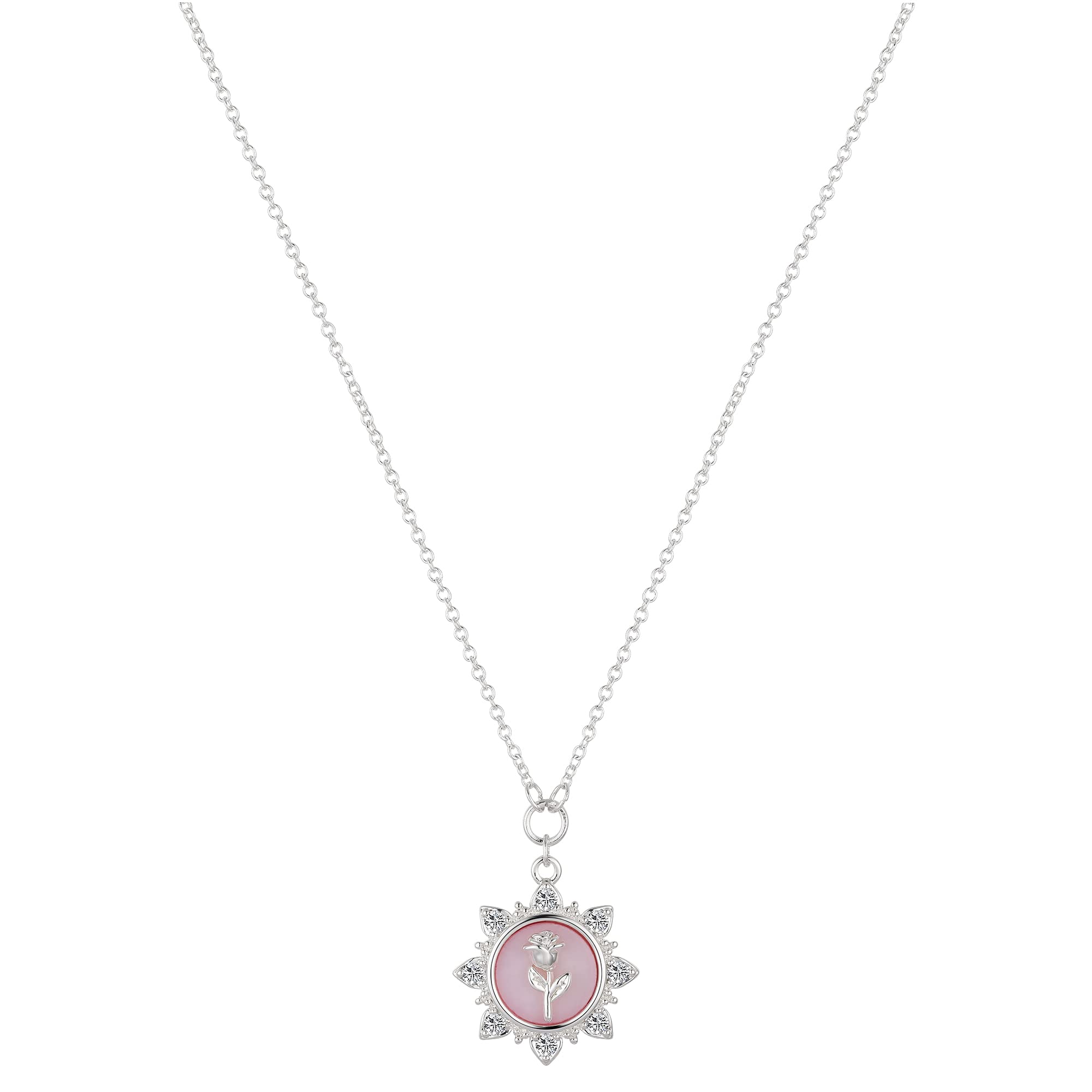 Amazon Essentials Disney Plated Cubic Zirconia and Pink Mother of Pearl Beauty & The Beast Pendant Necklace