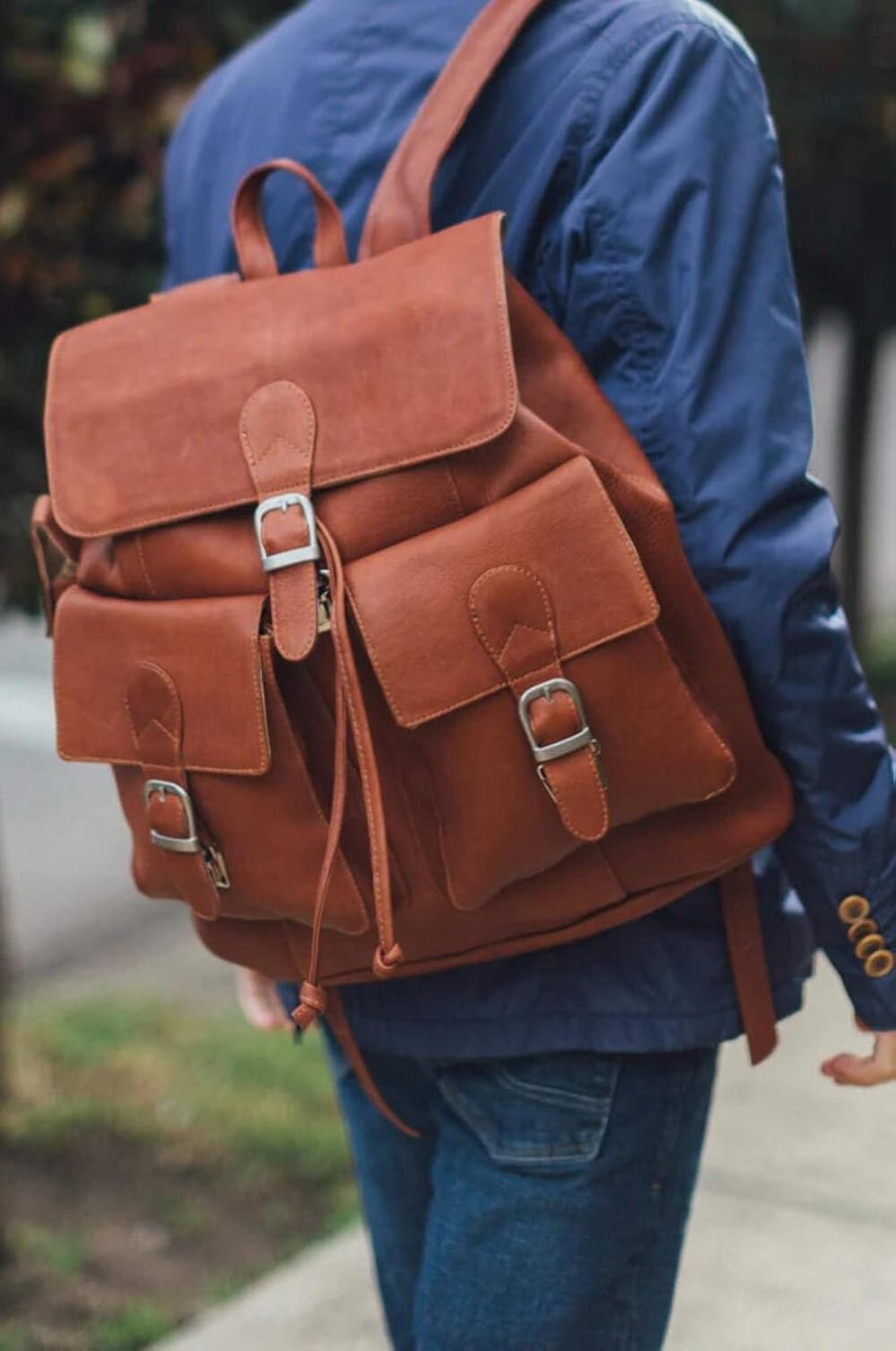 Piel Leather Large Buckle-Flap Backpack, Chocolate, One Size