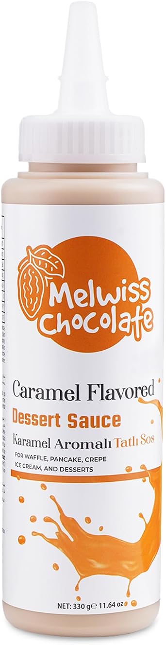 Melwiss Chocolate Karamel Aromalı Tatlı Sos 330 g – Akışkan kıvamlı Waffle, Pankek, Krep, Dondurma, Kahve ve Tatlılar için Pratik Sıkılabilir Sos