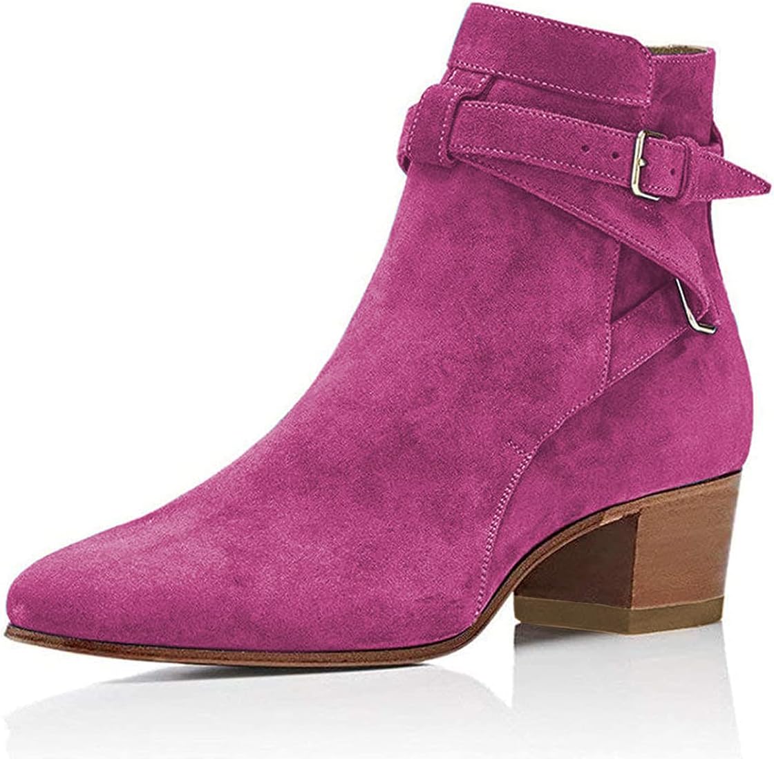 YDN Women Block Low Heel Suede Cowgirl Boots Pull on Ankle Bootie with Buckle