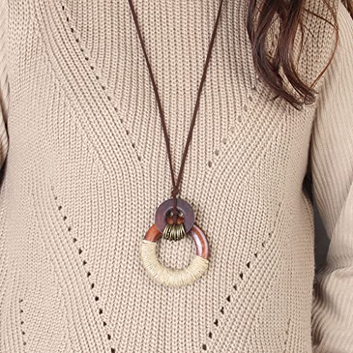 Joymiao Wood Pendant Necklaces For Women Brown Leather Necklace Long Brown Necklace Leather Sweater Necklace Adjustable Leather Cord Handmade Gifts #TOP4