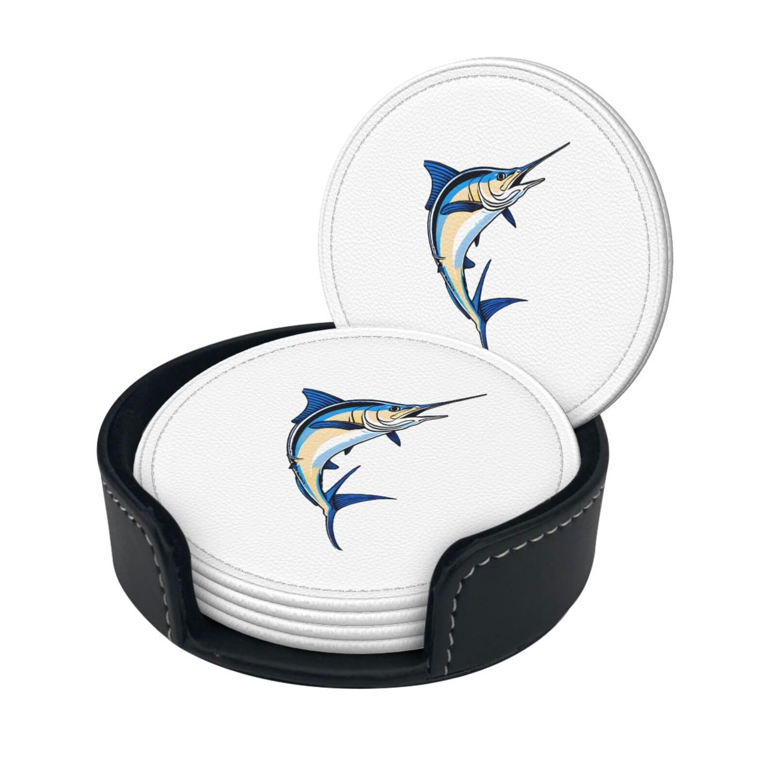 Fish Print Coaster,Round Leather Coasters with Storage Box for Wine Mugs,Cold Drinks and Cups Tabletop Protection (6 Piece)