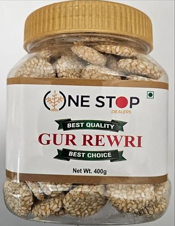 One Stop Dealers Gur Rewri 400 Gram - Traditional Indian Sweet Treat - Made from Sugar Cane   Unrefined Jaggery Pack of 1