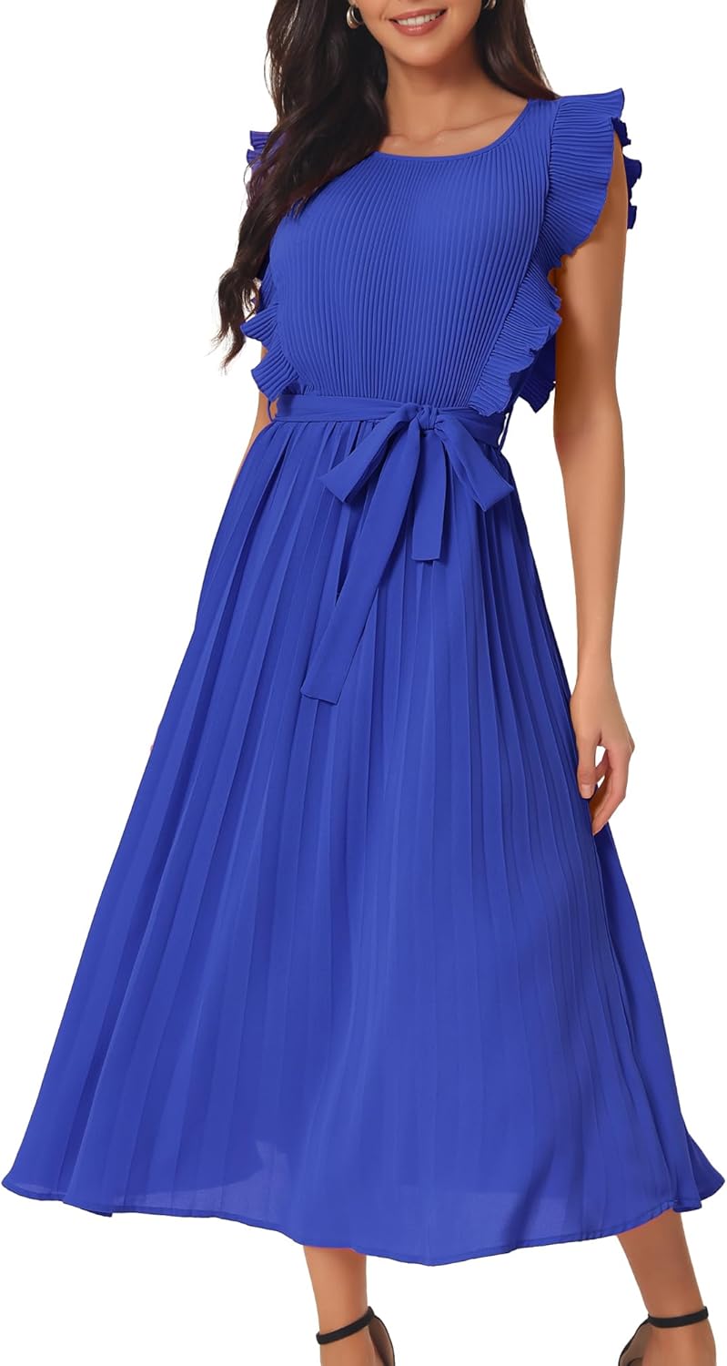 Seta T Women's Pleated Dress Summer Casual Ruffle Flutter Sleeve Crewneck Tie Waist Flowy Midi Dresses