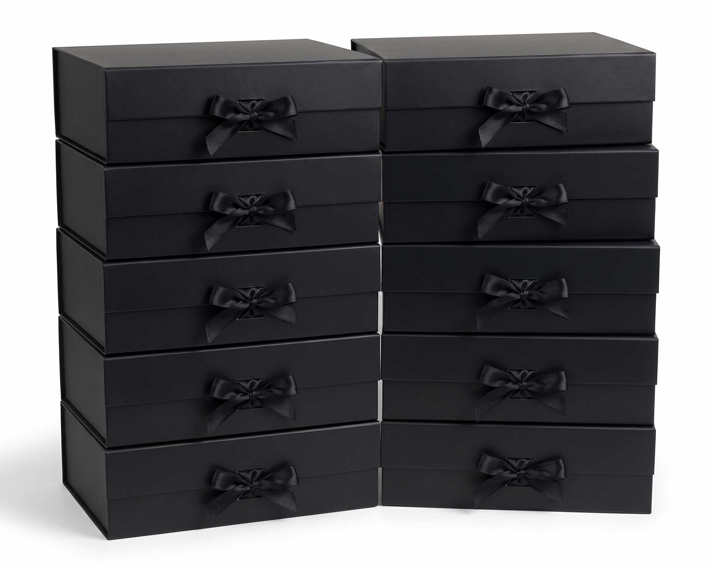 Emartbuy Black Flat Pack Magnetic Gift Box with Ribbon – 33 x 25 x 12 cm – Fits Books, Clothing & Mid-Size Gifts – Birthdays Weddings Christmas Corporate Gifting Trade Wholesale – Pack of 10 Boxes