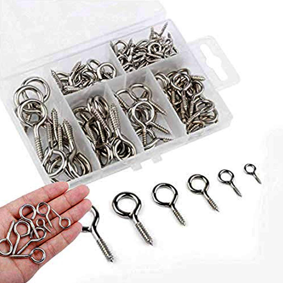 DIY Crafts Screw Hooks Eye Bolts Metal Eyes Shape Screw, 6 Assorted Sizes (Pack of 100 Pcs, 6 Pcs x 1 Set)