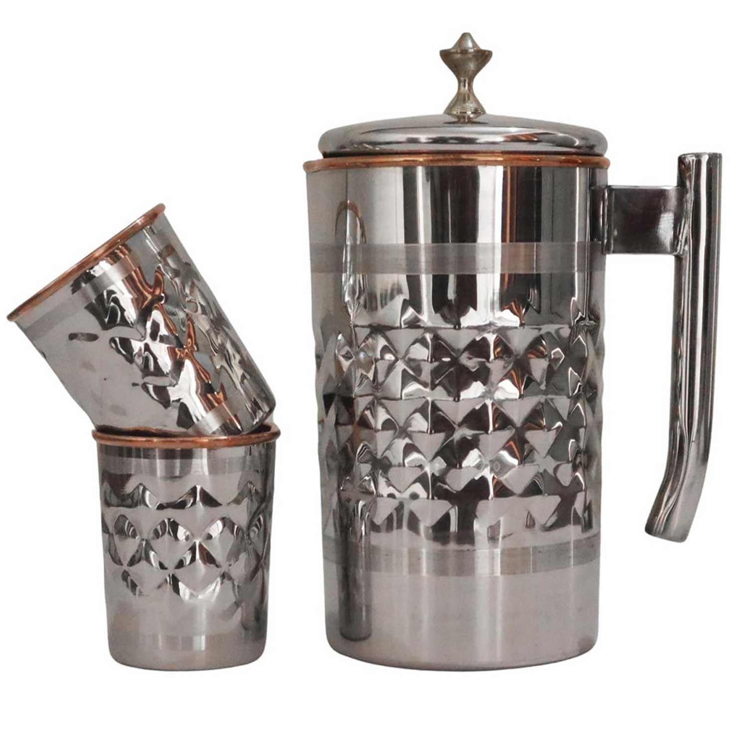 Pichet à eau en acier inoxydable et cuivre pur avec 2 gobelets assortis pour les bienfaits de la santé ayurveda (motif diamant)