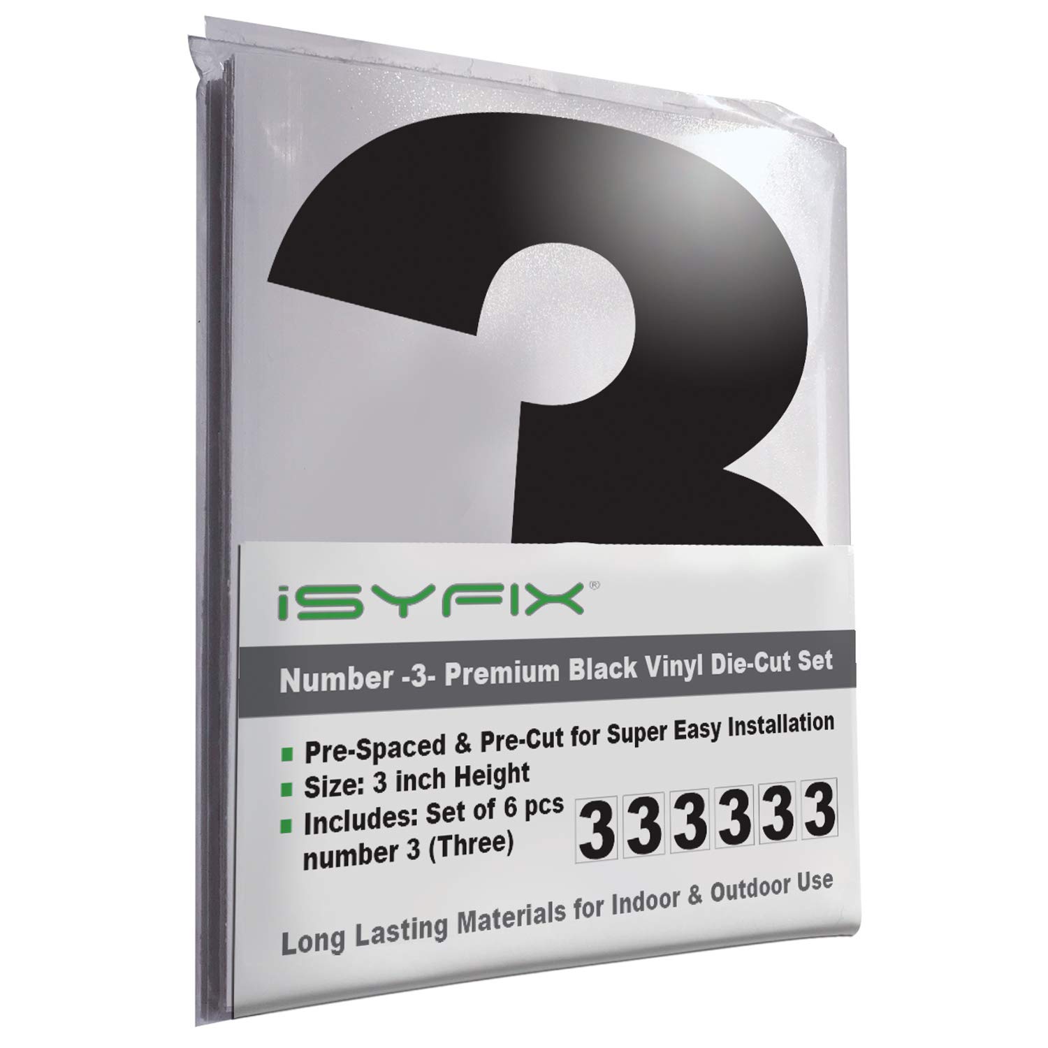 iSYFIX Black Vinyl Number 3 (Three) Stickers - 6 Pack 3 inch Self Adhesive - Premium Decal Die Cut & Pre-Spaced for Mailbox, Signs, Door, Cars, Trucks