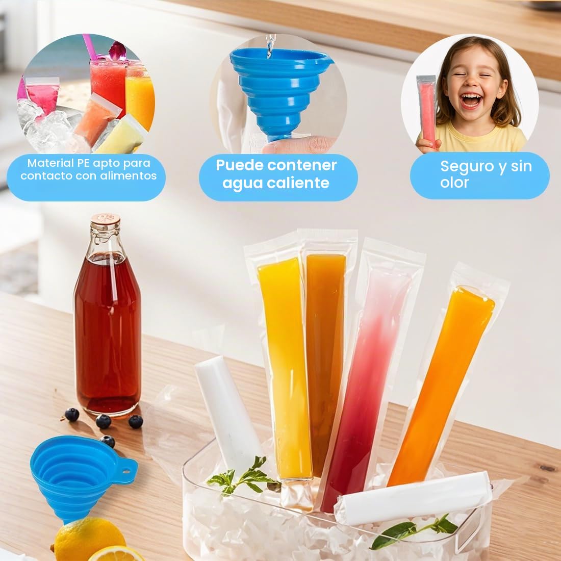 Paquete de 100 bolsas para moldes de helado, con embudo,Moldes para Helados, sin BPA,Molde para bolsas de popsicle,para Yogur,Helado,Jugo(5.5 x 28 cm)