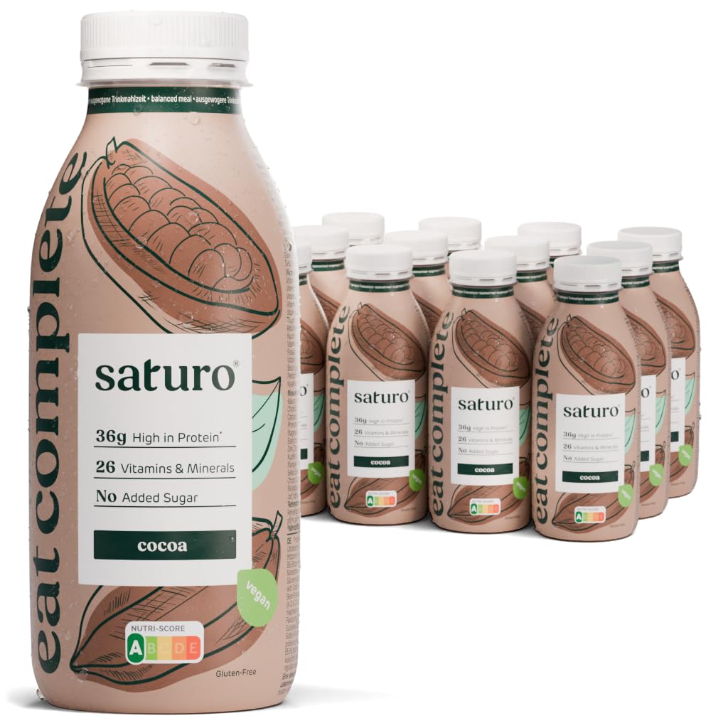 Saturo Pasto Sostitutivo Frullato Gusto Cocoa | 36 g di proteine & senza zucchero | 400 kcal | Vegano | Pasto Bevibile con Nutrienti Essenziali | Cioccolato | 12 x 400 ml