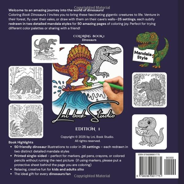 Dinosaurs – Mandala: 50 Unique Dinosaur Colouring Designs for Teens, Adults, and Mandala Lovers (LnL Colouring Books) image 3