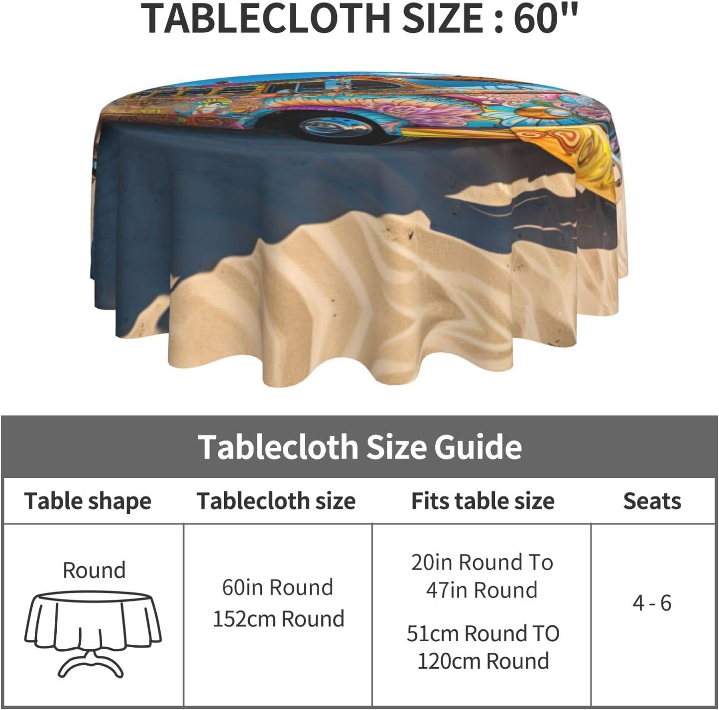 Beach Bus Print Wrinkle Free Dining Table Cover for Birthday Party Farmhouse Tablecloths Up to 60 x 60 Inches