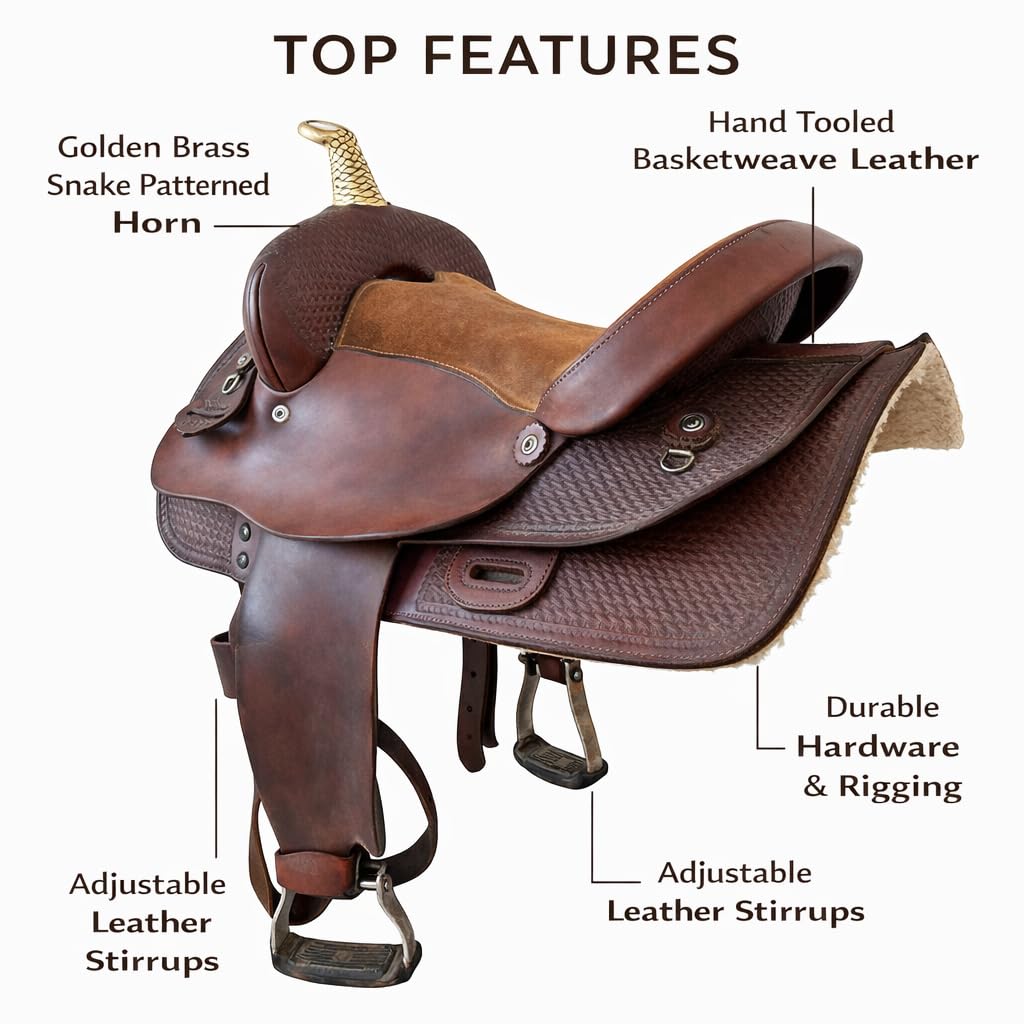 HAMS Silla de Montar Western, Cuero Genuino, Asiento Acolchado de Ante, Diseño Artesanal, Estribos Ajustables para Equitación