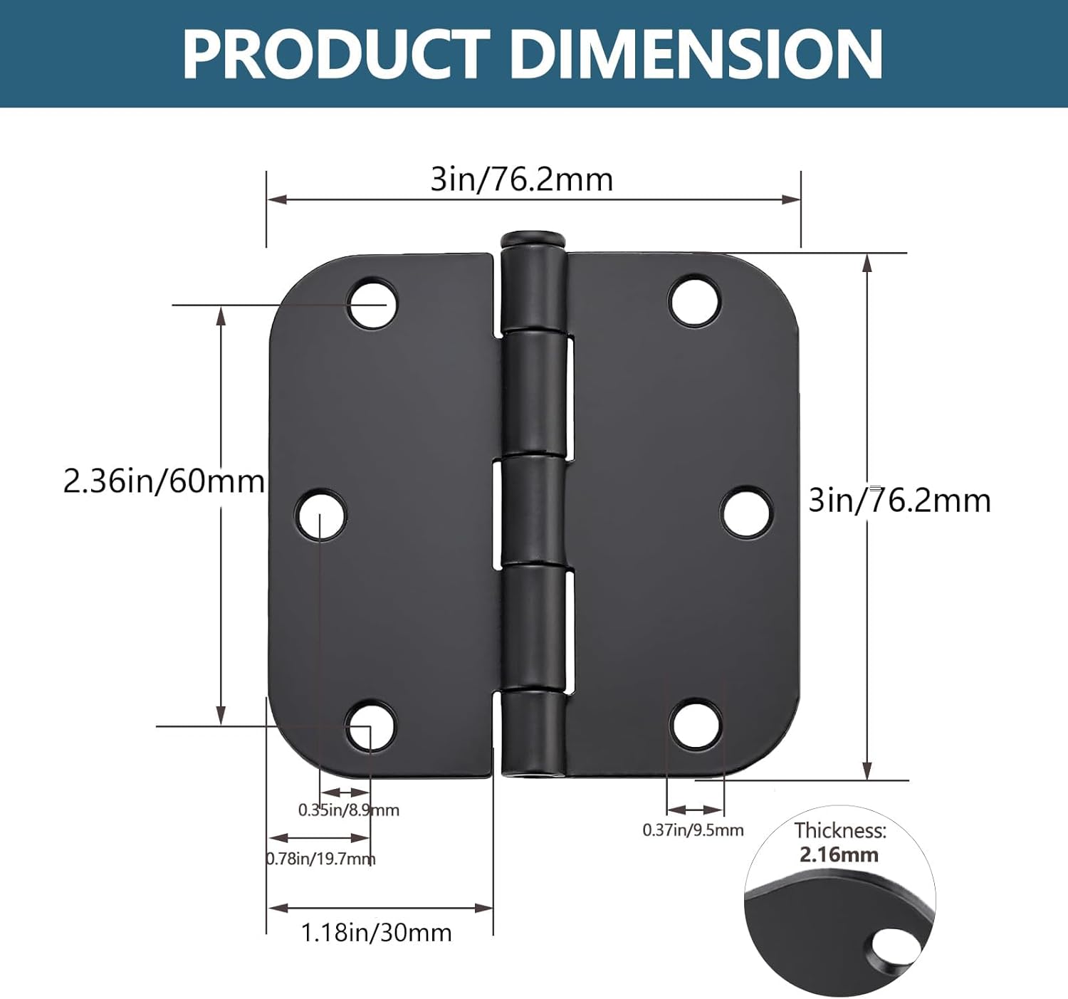 40 Pack Matte Black Door Hinges 3x3 Inch Interior Door Hinges for Doors Rounded 5/8" Radius Corners Iron Hinge Door Round Hinge Hardware
