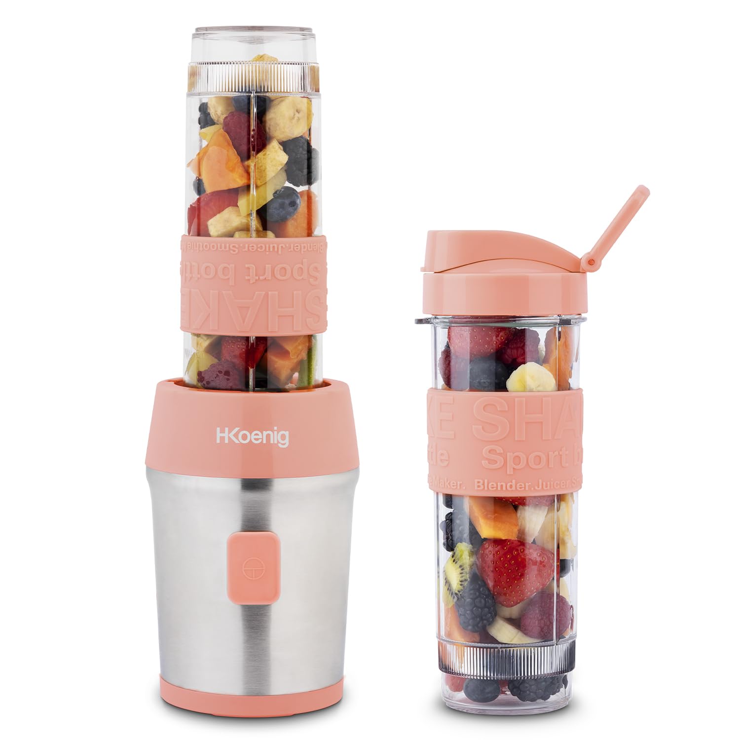 H.Koenig Mini batidora Smoothie maker Compacto 570mL SMOO10 Sin BPA Potente 300W, Batidora de Smoothie 2 Botellas Portátiles, 4 Cuchillas de Acero Inoxidable, Rosa coral