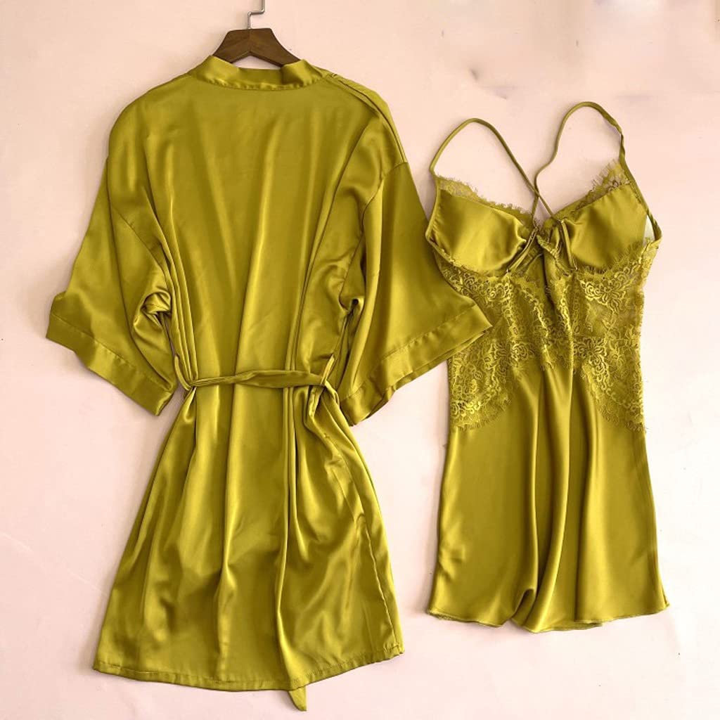 Damska koronkowa bielizna nocna satynowa 2 szt. zestaw szata kimono sukienka seksowna intymna bielizna nocna na co dzień odzież domowa lato nowa odzież domowa (Pink,XL)