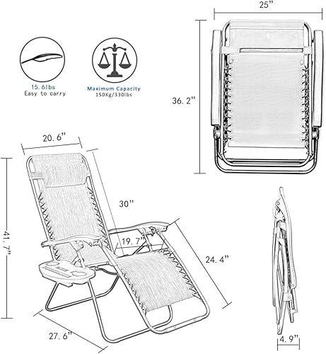 Miniatura 3 de YOMIFUN Juego de dos sillas de gravedad cero, silla reclinable plegable con almohada extraíble y mesa auxiliar, color negro