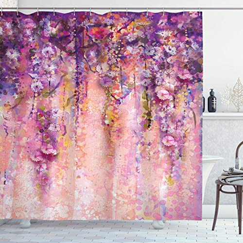 Ambesonne Flower Shower Curtain, Watercolor Painting Effect Wisteria Tree Blossoms