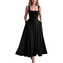 YMDUCH Womens Casual Sleeveless Square Neck A-Line Slim Flowy Long Corset Dress with Pockets