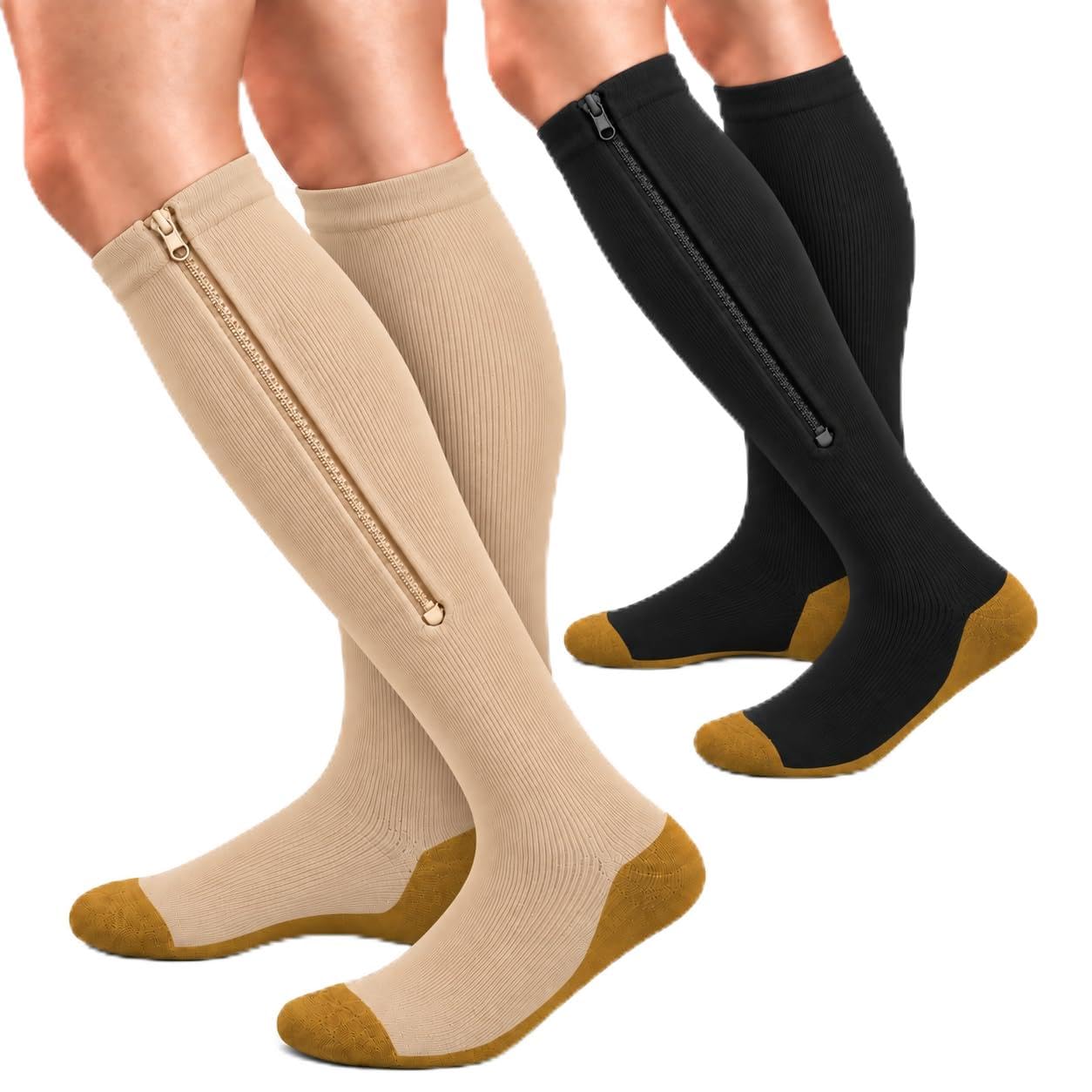bropite Zipper Close Toe Compression Socks for Women and Men 2 Pairs Knee high 15-20mmHg for Walking Running Nurses Pregnancy
