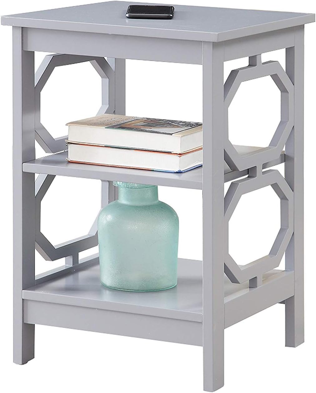 Gray Round Wood End Table with Shelves