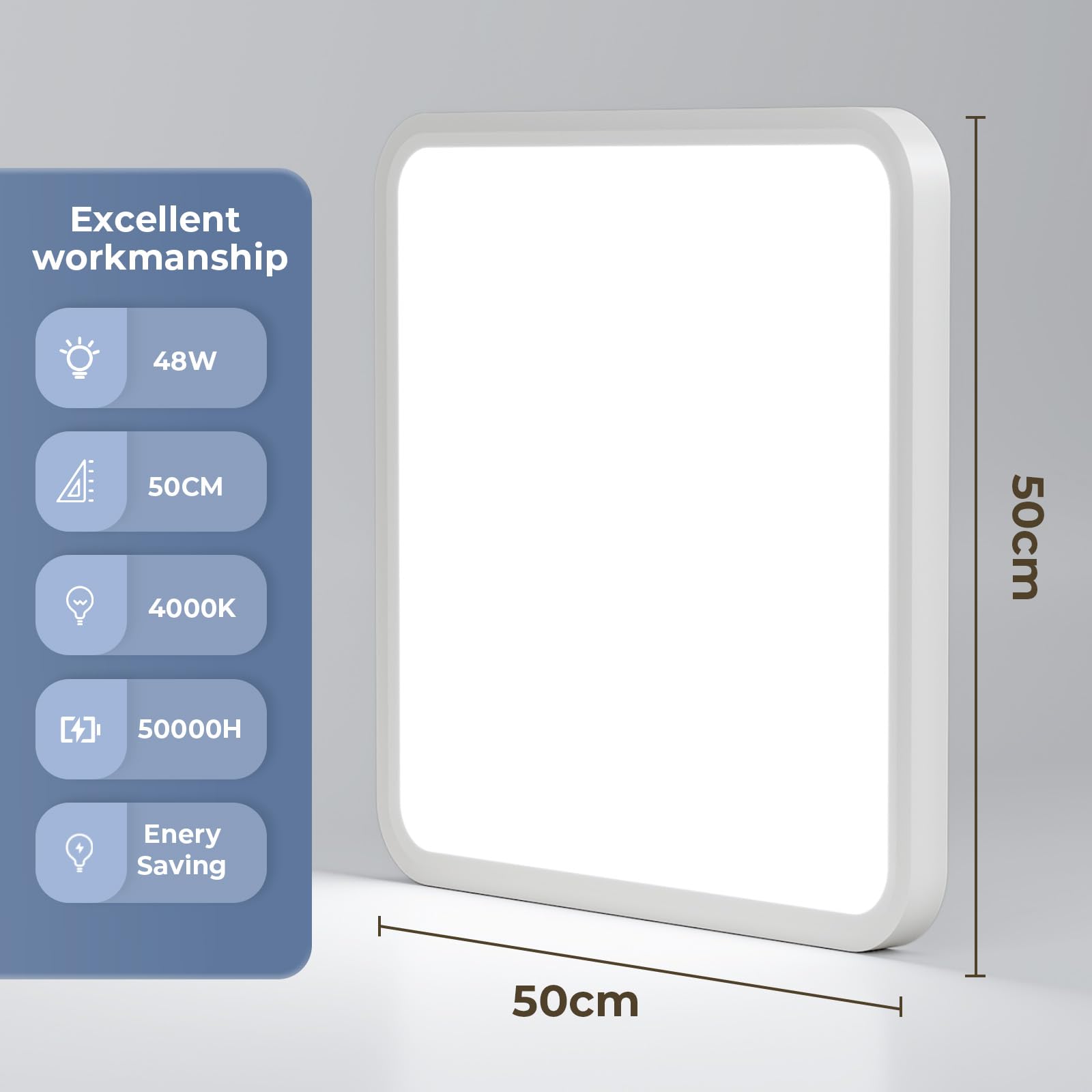 OTREN Lampa sufitowa LED, płaska, 50 cm, 6500 K, panel oświetleniowy LED, 48 W, lampa LED do salonu, sypialni, kuchni, balkonu, biura, korytarza