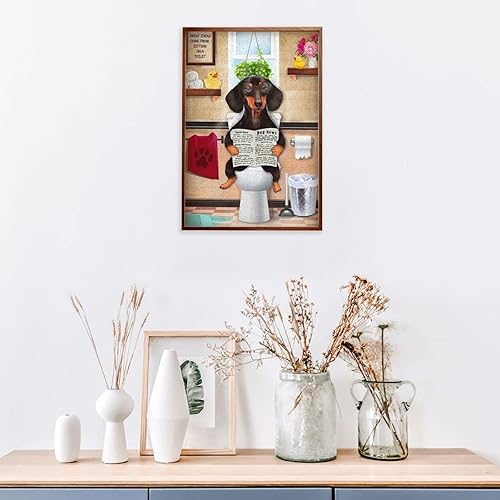 Miniatura 4 de Rompecabezas de perro salchicha sentado en el inodoro, 300 piezas para adultos, rompecabezas de madera de periódico de lectura de perros,