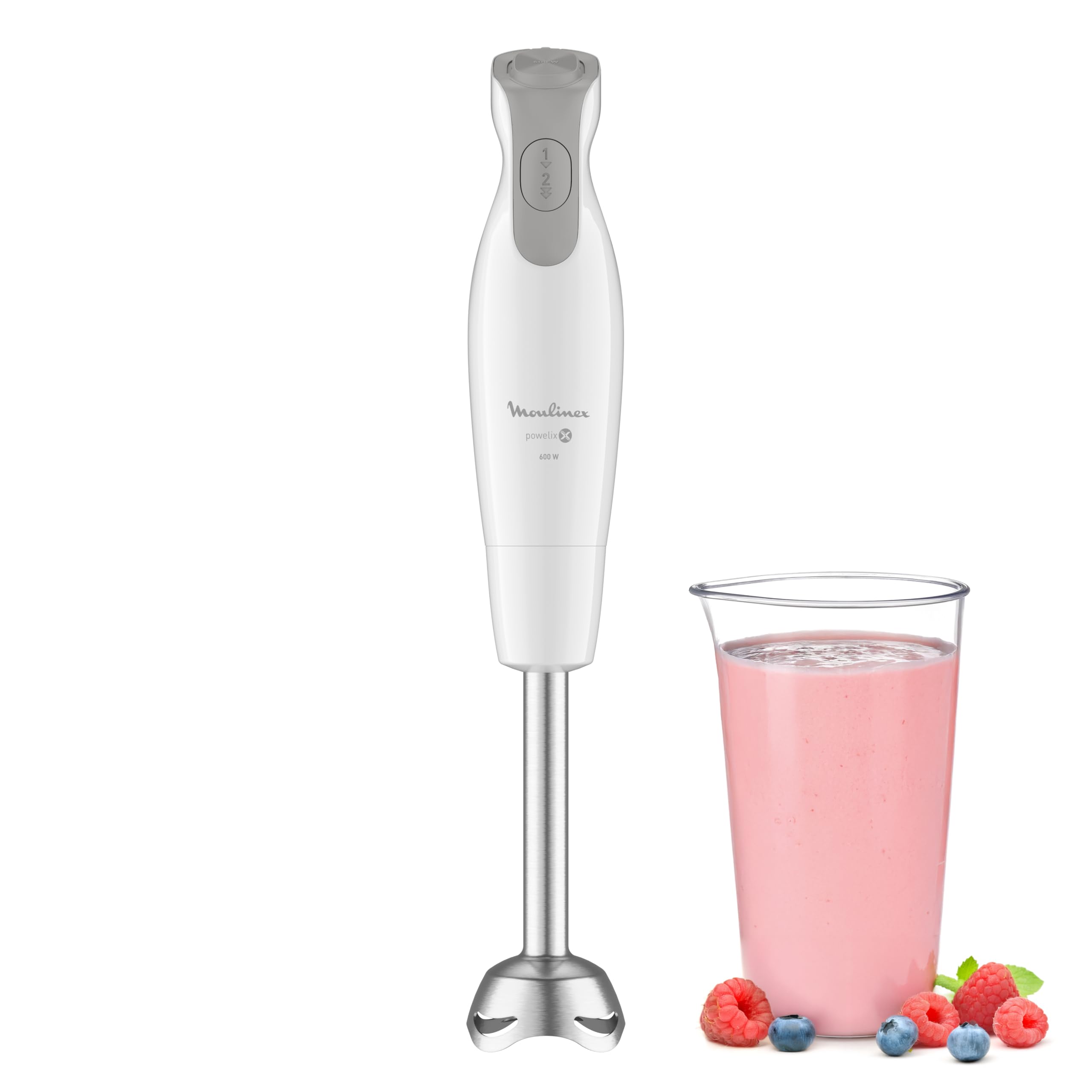 Moulinex Mixeur plongeant, 600 W, 2 vitesses, Poignée ergonomique, Pied antiéclaboussures inox, Compatible lave-​vaisselle, 4 lames technologie Powelix, Daily Chef Blanc DD551110