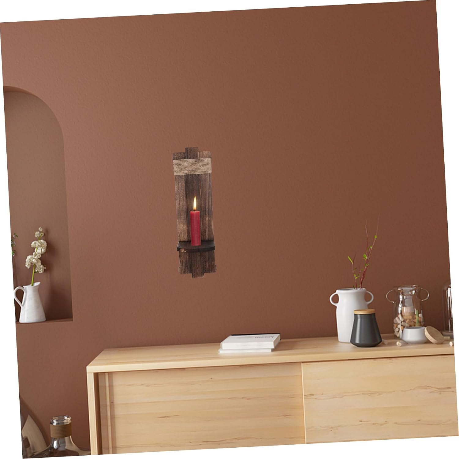 Rustic Wood Wall Candle Sconce Holder, Coffee Finish