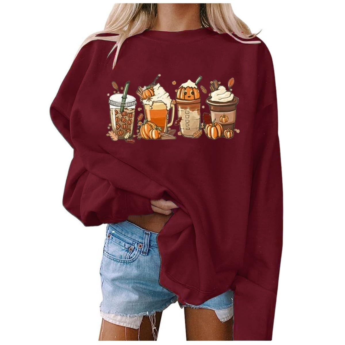 Thanksgiving Sweatshirt Women Pumpkin Coffee Graphic Sweatshirts Cute Halloween Shirts Fall Crewneck Sweatshirt