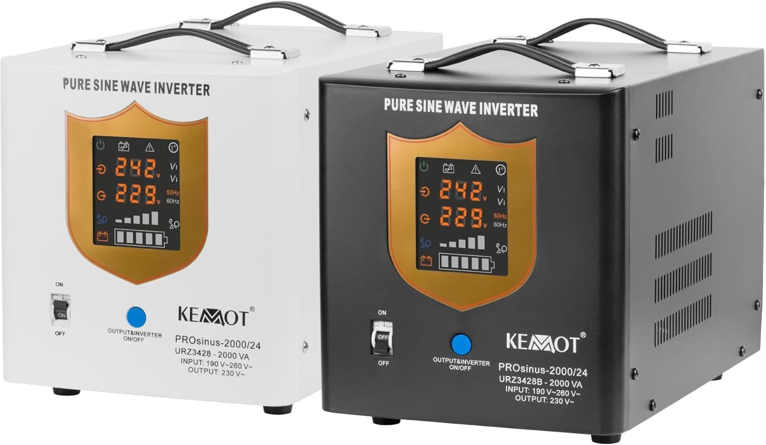 Image showing a 2-year warranty badge next to the Kemot PROsinus-2000 inverter.