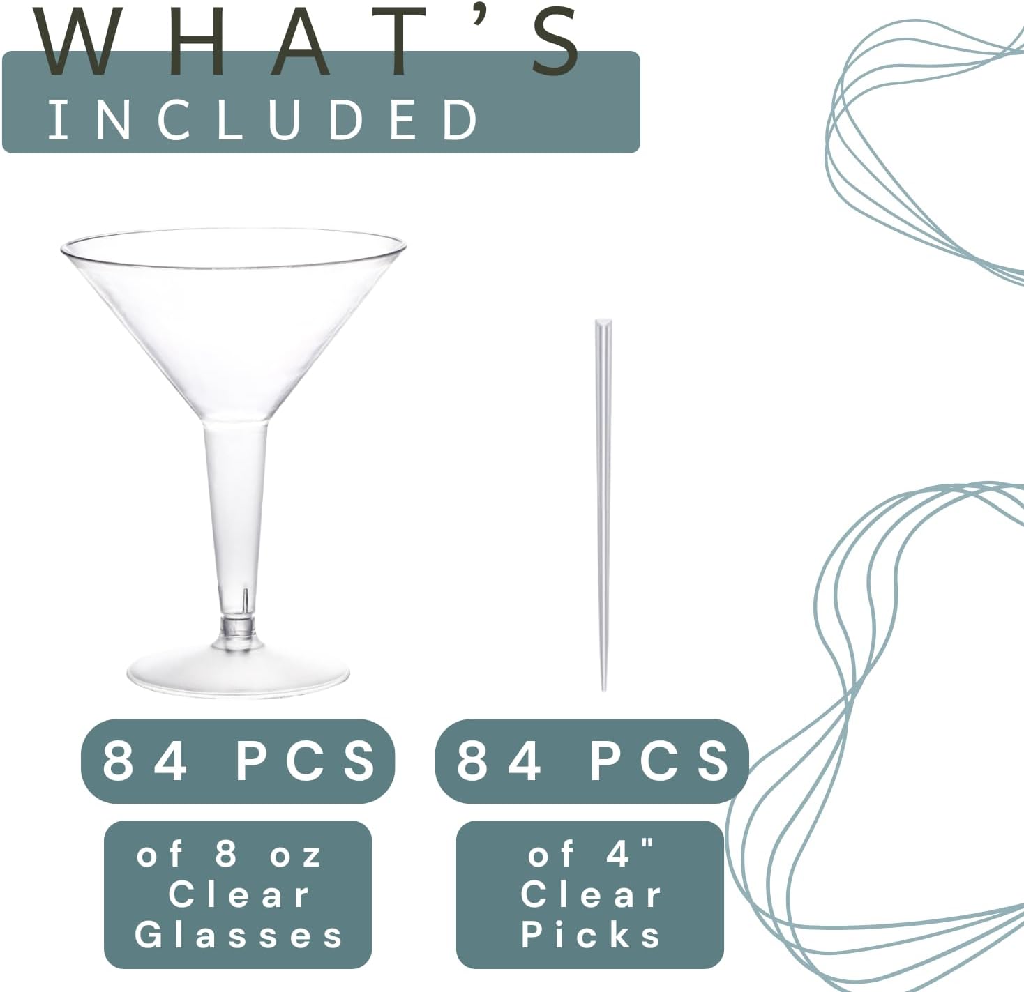 Disposable 8 oz Plastic Martini Glasses with Picks, Clear Cocktail Cups with Stirrers for Parties, Weddings, Catering, Appetizers, Dessert Tables (84 Glasses + 84 Picks)