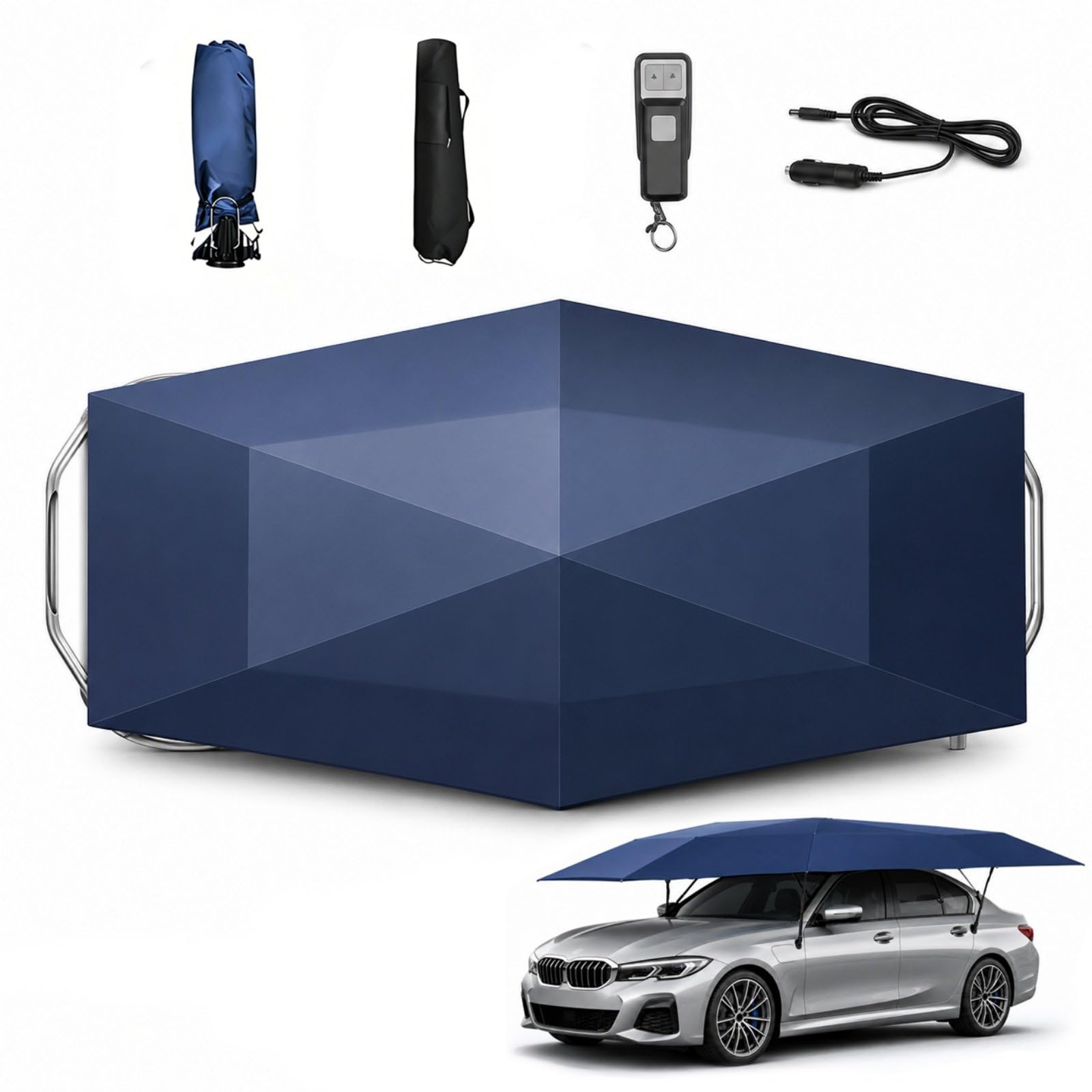 HCAUYNN Car Umbrella Sun Shade Cover, 4.2/4.8/5.2m Automatic Car Tent with Remote, Foldable Portable Carport for Driveway, Outdoor Parking, Heat Reduction, Rain Snow Dust Protection Blue-5.2m