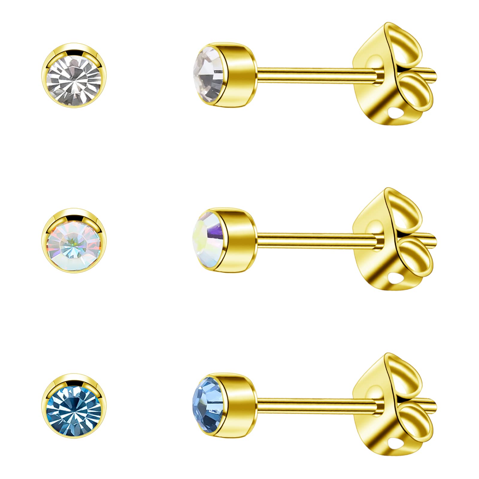 3 paires de boucles d'oreilles pour femmes Boucles d'oreilles en titane pour filles hypoallergénique cristal 4 mm Boucles d'oreilles en or rose clous d'oreilles