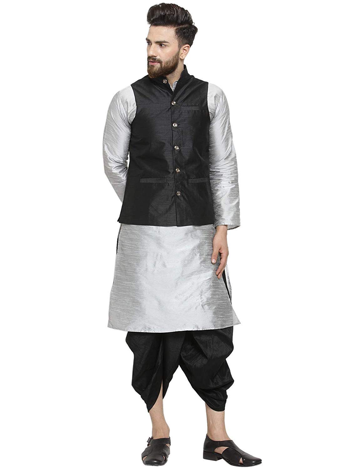 royal kurta Men's Silk Blend Kurta Dhoti & Nehru Jacket Set-picture-15