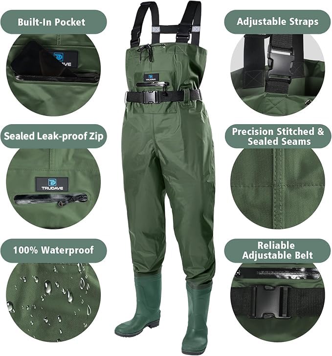 Image of Trudave Chest Waders for Men with Boots, 2-Ply Nylon /PVC Waterproof Fishing & Hunting Waders for Men and Women
