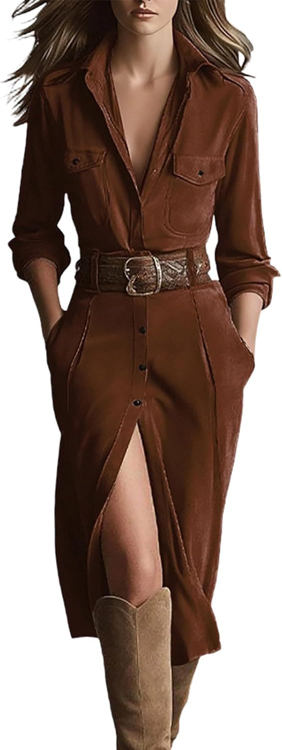 Women's Western Cowgirl Suede Dress Vintage Long Sleeve Slim Fit Midi Dress Button Down Lapel Dresses with Belt