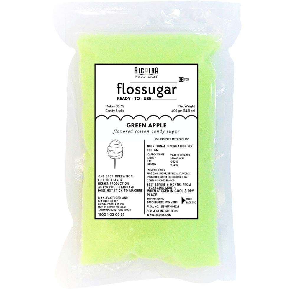 Ricoira Food Labs Flossugar, Cotton Candy Sugar Green Apple Mix - 400 g