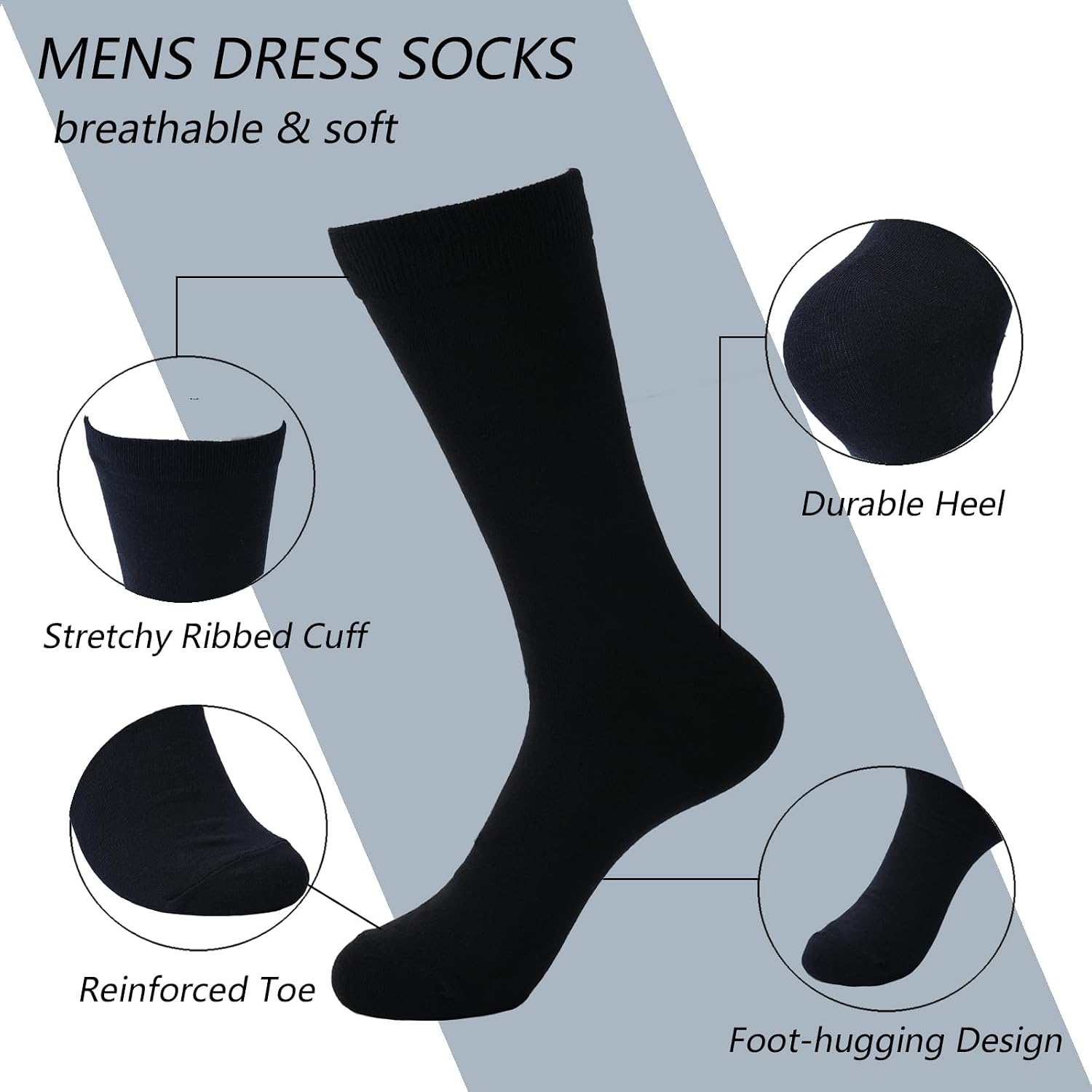 3 Pack Mens Black Dress Socks for Men 9-12, Combed Cotton Crew Breathable Comfort Socks for Business Work Casual