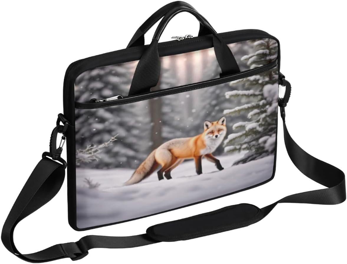 Winter Snow Red Fox Laptop Shoulder Bag for Men Women Slim Briefcase Messenger Bag Waterproof 15.6 Inch Laptop Bag Carrying Case Fit 14-15.6 Inch Notebook Computer Tablet