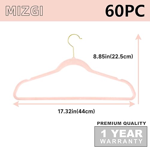 Miniatura 6 de MIZGI Paquete de 60 perchas de terciopelo de alta calidad, resistentes, antideslizantes, delgadas, perchas de terciopelo para trajes, color rosa