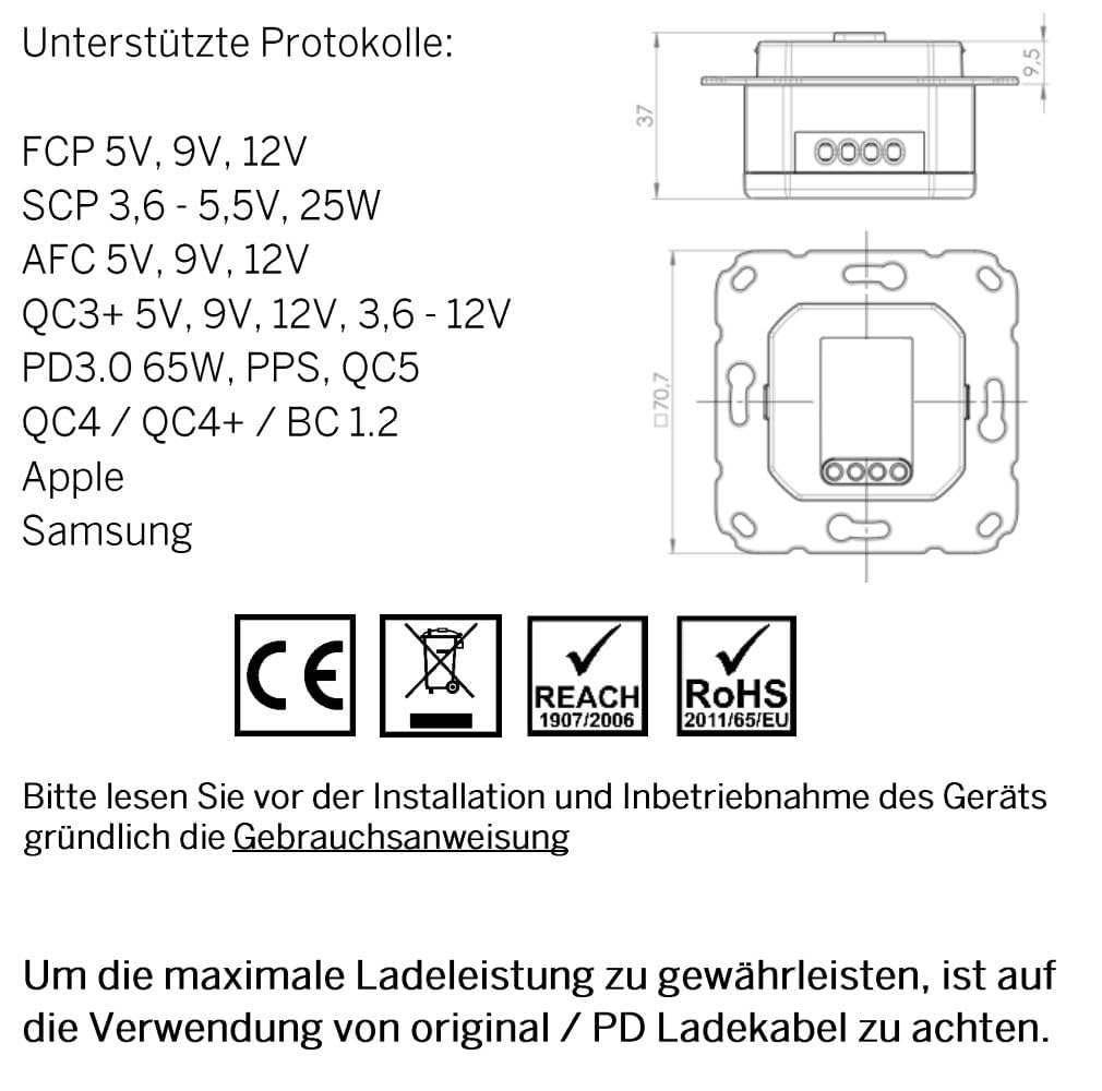 EBROM USB-C und USB-A Unterputz Steckdose/Lader, 45+15 Watt Leistung – Schnellladefunktion für Wearables, Smartphones und Tablets mit Busch Jäger Balance Si Rahmen alpinweiß 1721-914