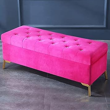 Luxurious Crystal Button Storage Bench Velvet Upholstered Bed End Bench Pink 35x17x18 inches