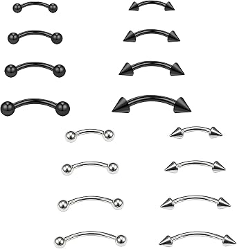 16Pcs Curved Barbell Piercing Lip & Eyebrow StainlessSteel 6mm-12mm Vertical Labret Bars for Lip & Eyebrow Studs Black and Silver