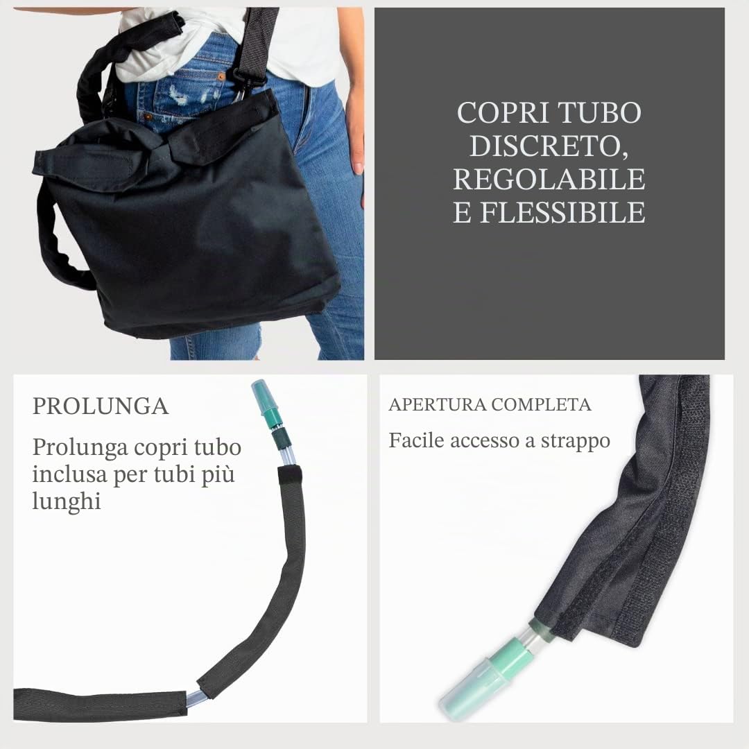 Supporto per sacca di drenaggio delle urine con copertura per tubo catetere e cinghia regolabile, colore nero