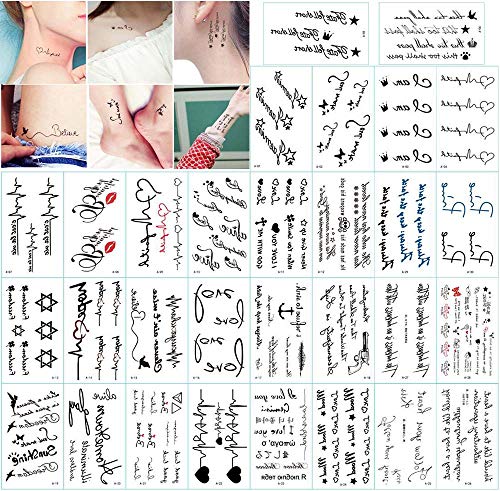 Barisc Temporary Tattoos for Girls - 30 Pack Waterproof Fake Tattoo Written Letters Words Body Art Stickers for Women Boy Men Adult Kids, Hand Neck Arm Waist Leg Makeup Stickers (Style A)