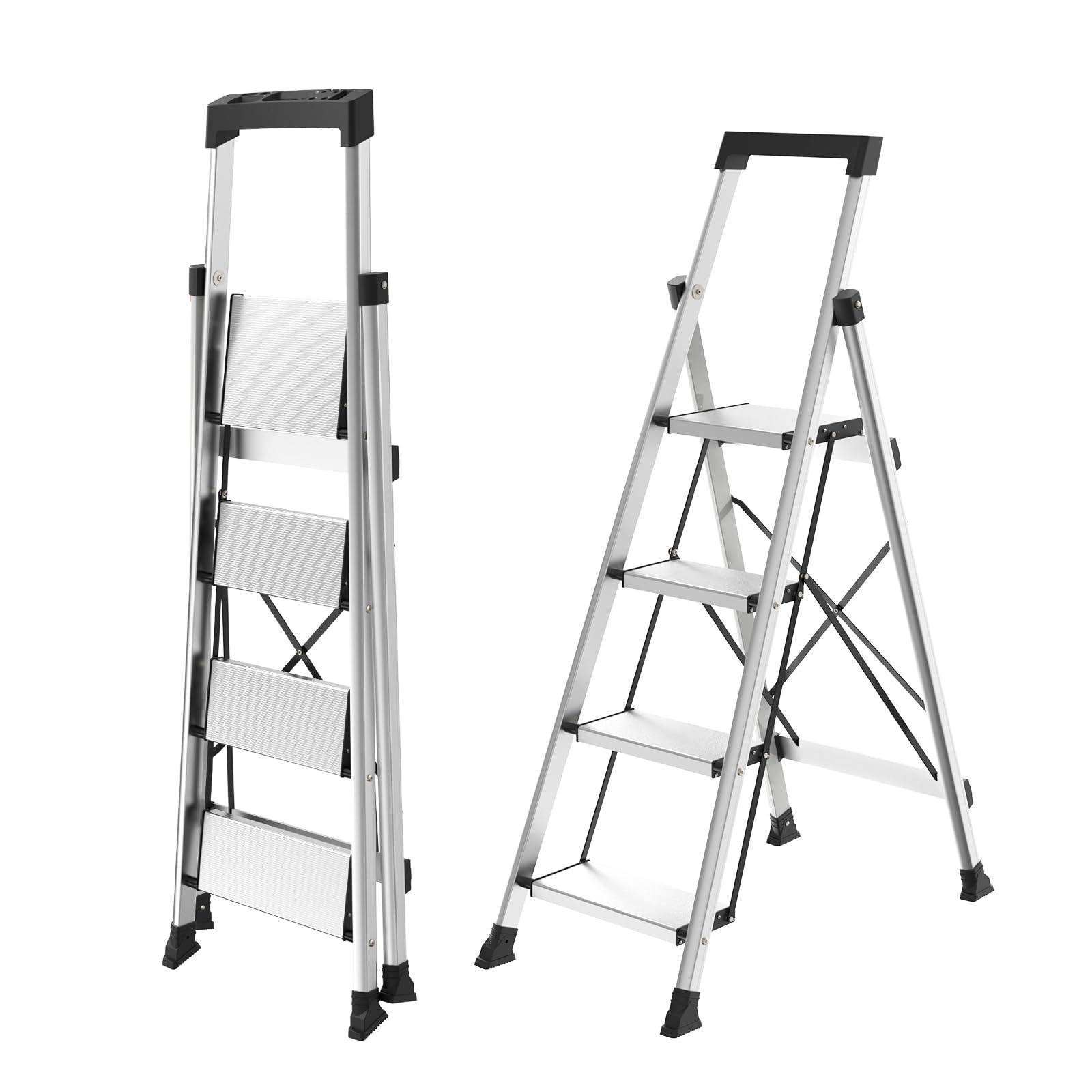 HBtower 4 Step Ladder, Lightweight Aluminum Ladders for Home with Tool Tray, Anti-Slip Folding Step Stool for Adults, Strudy Portable 330LBS Capacity